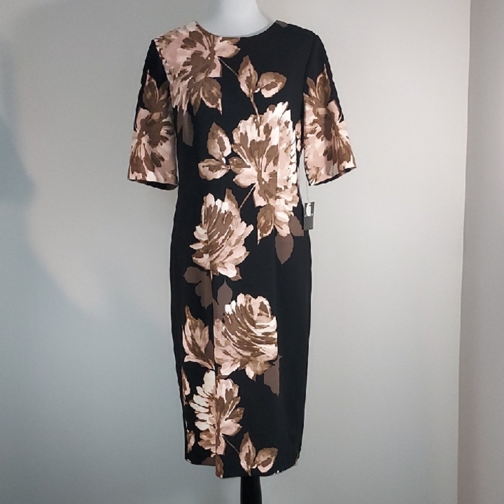 Liz Claiborne Black Blush Floral Elbow Sleeve Sheath Dress Size 10 NWT